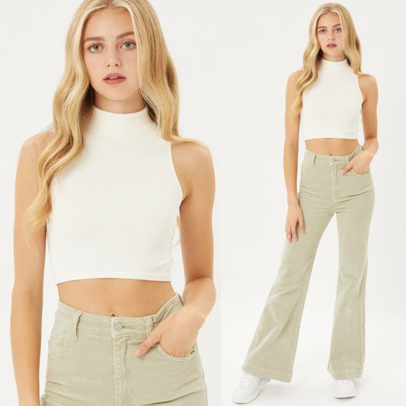 NEW Ivory Seamless Mock Neck Halter Crop Top Basic - Picture 8 of 9